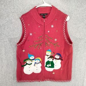 Desginers Originals Cardigan Sweater Wmns Sz L Red Snowman Applique Xmas Zip